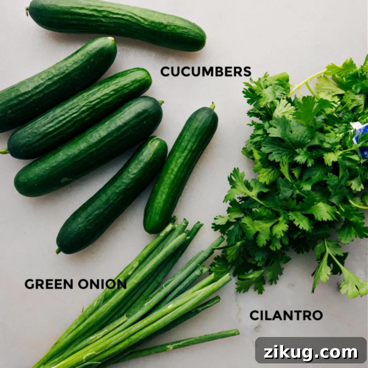 Spicy Garlic Smashed Cucumber Salad 3 The 3 main ingredients, cucumbers, green onions, and cilantro set out to assemble this delicious cucumber salad.