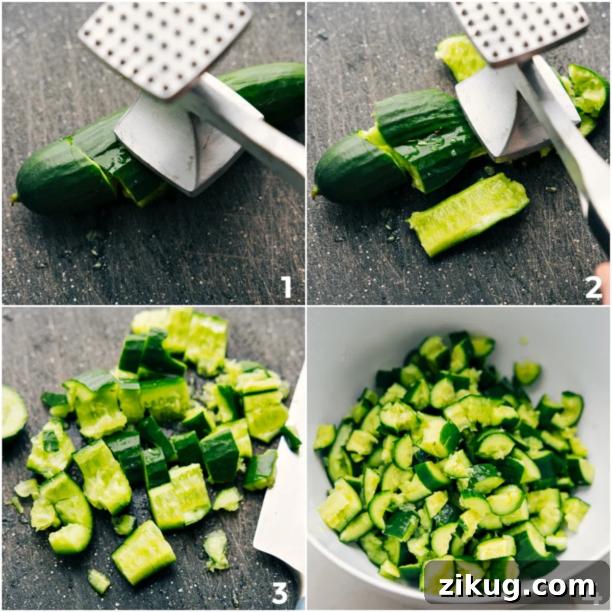 Cucumber Smashing With A Mallet Smashing the cucumbers and then chopping them and adding it to a bowl for this smashed cucumber salad.