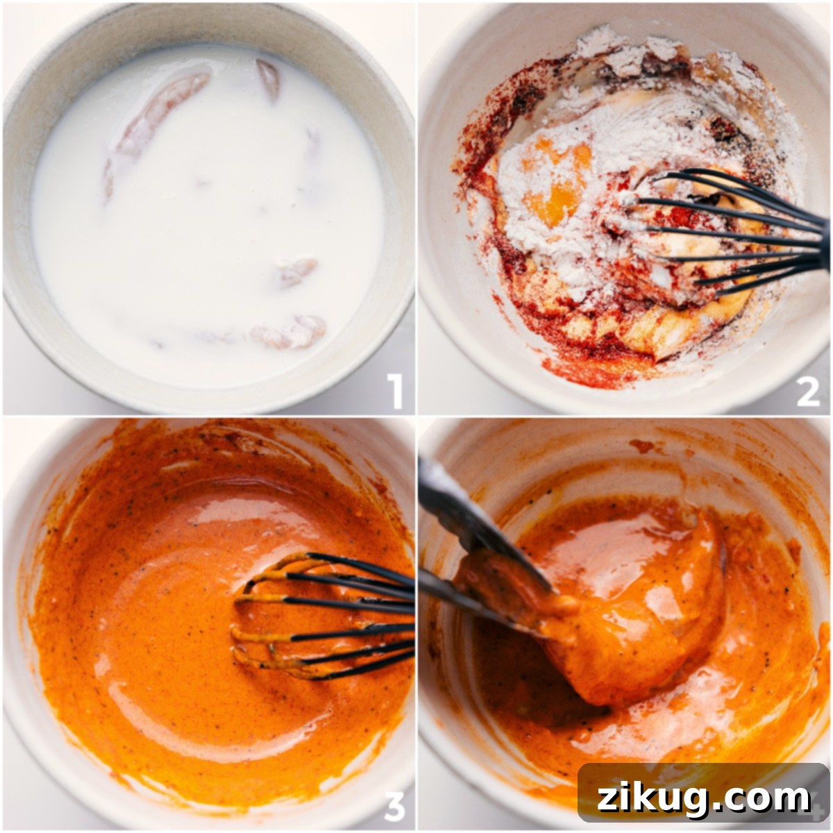 Step-by-step images showing chicken tenders being dredged in buttermilk, the wet batter for Parmesan chicken tenders being whisked, and tenders being coated in the Panko-Parmesan mixture.