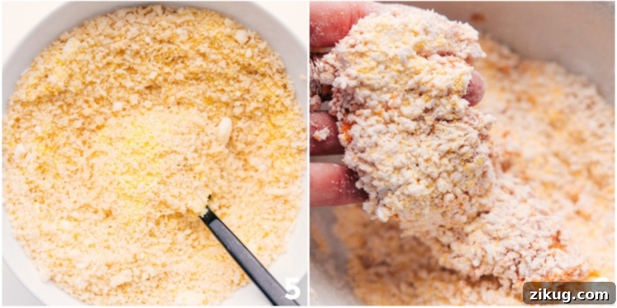 The chicken being tossed in the cheese and breadcrumbs mixture, illustrating the coating process for crispy Parmesan chicken tenders.