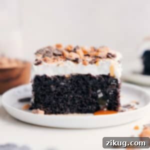 A perfectly prepared Chocolate Poke Cake with a thick layer of whipped topping and a generous sprinkle of toffee bits.