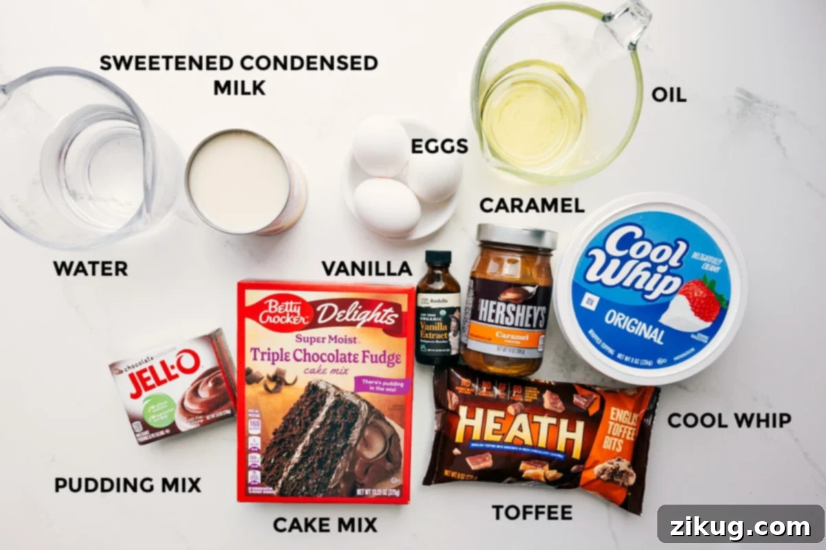 Ingredients In This Chocolate Poke Cake All the essential ingredients for making this delicious chocolate poke cake laid out on a table, including sweetened condensed milk, water, chocolate pudding mix, chocolate cake mix, toffee bits, cool whip, caramel sauce, vanilla extract, vegetable oil, and eggs.