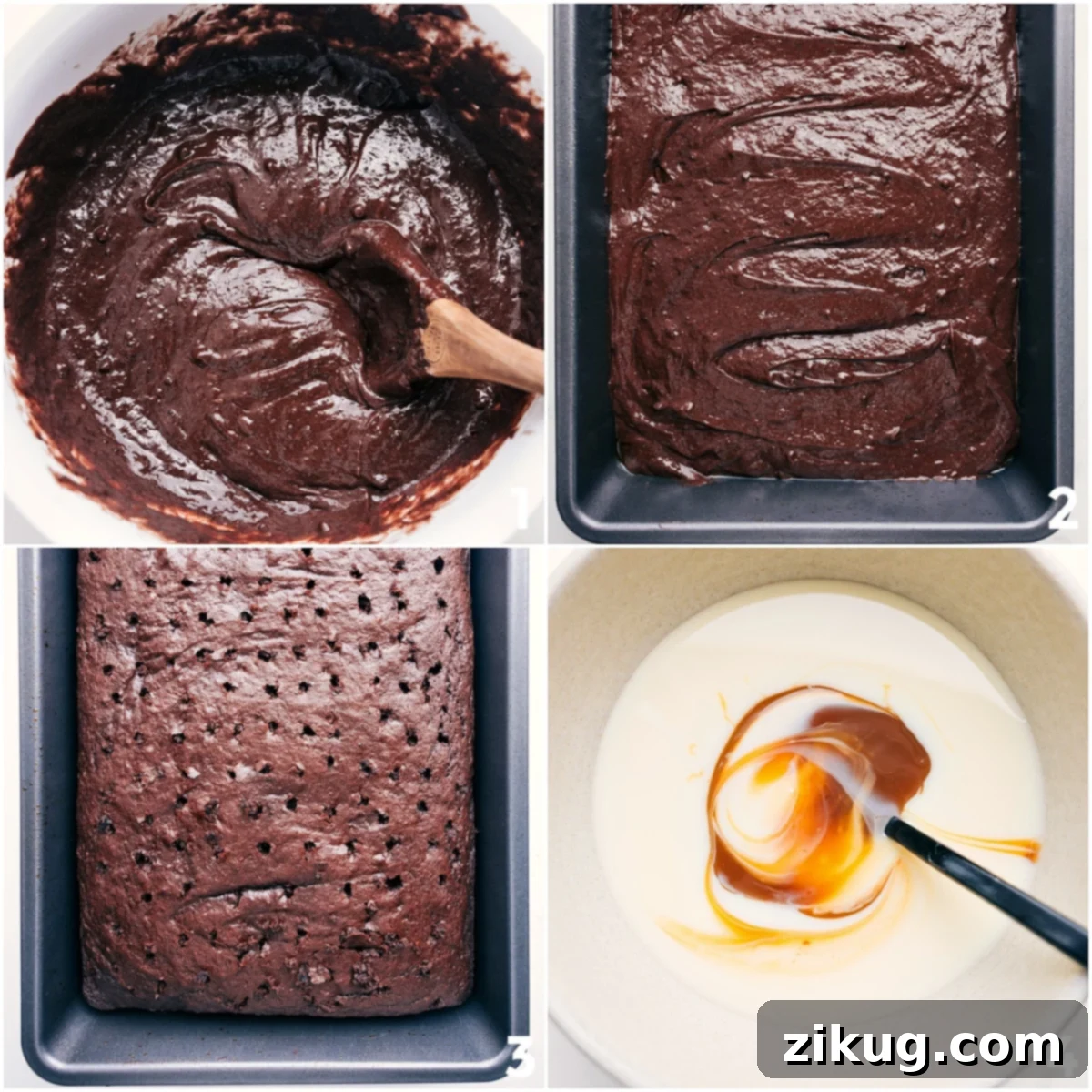 How To Make Chocolate Poke Cake A visual step-by-step guide showing the process of making Chocolate Poke Cake: from mixing the batter and pouring it into a baking pan, to baking, then poking holes into the warm cake, and finally pouring a rich caramel and sweetened condensed milk mixture over it.