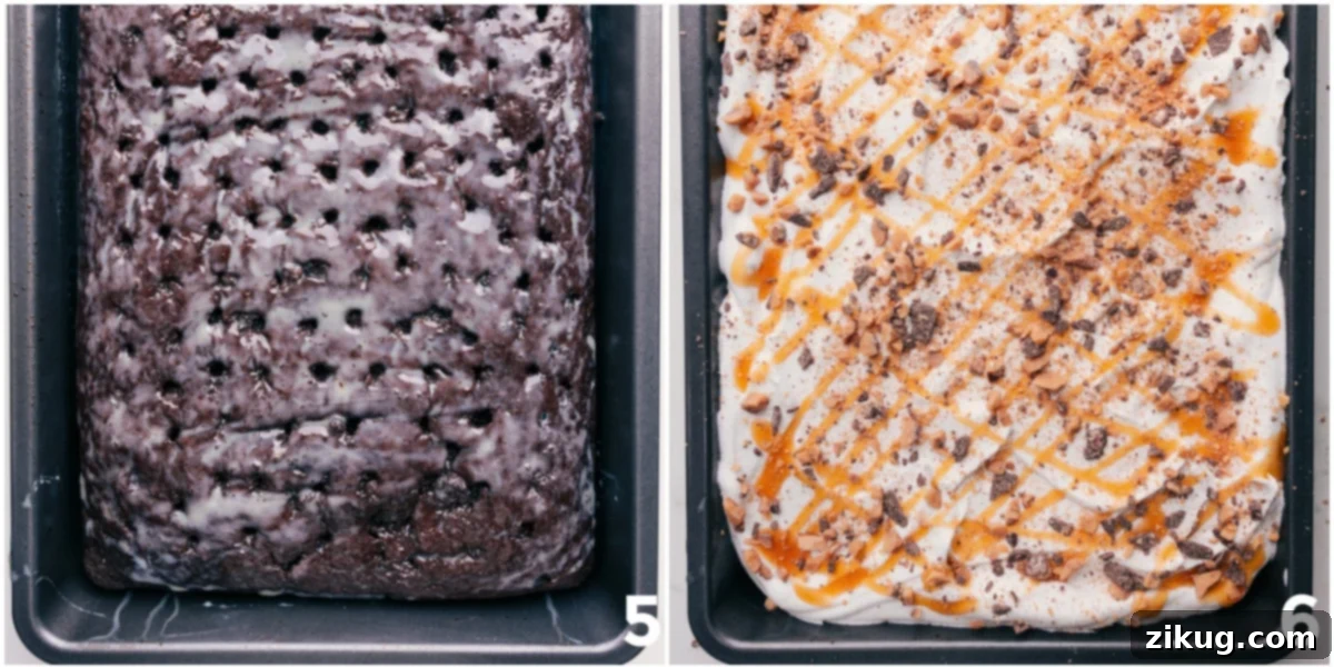 Better Than Anything Chocolate Poke Cake A freshly prepared Chocolate Poke Cake, beautifully frosted with whipped topping and generously adorned with Heath toffee bits and a luscious caramel sauce drizzle.