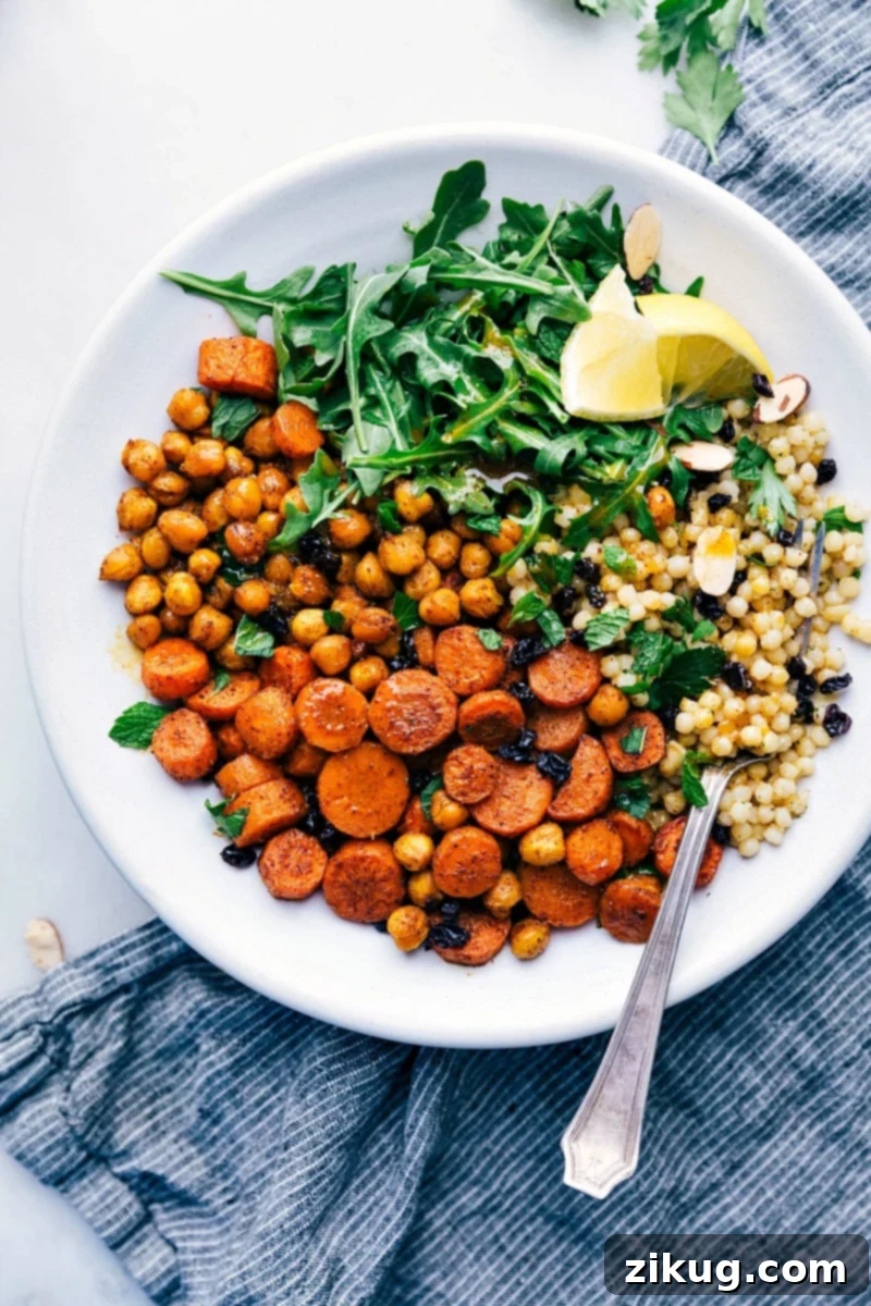 Exotic Moroccan Carrot Salad A vibrant Moroccan carrot salad featuring roasted carrots, tender chickpeas, and peppery arugula with a zesty citrus dressing.