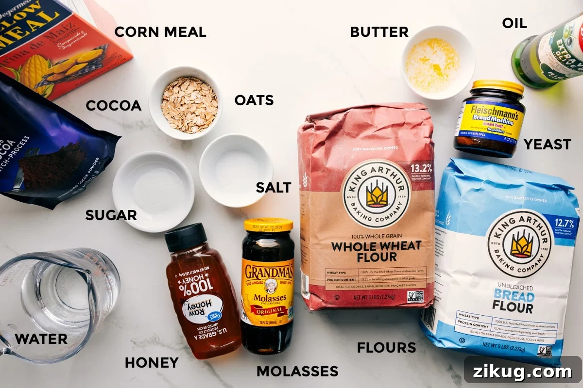 Ingredients In Brown Bread Recipe All the ingredients in this recipe prepped out for easy assembly including the corn meal, cocoa. sugar, water, honey, molasses, salt, oats, flours, yeast, butter, and oil.