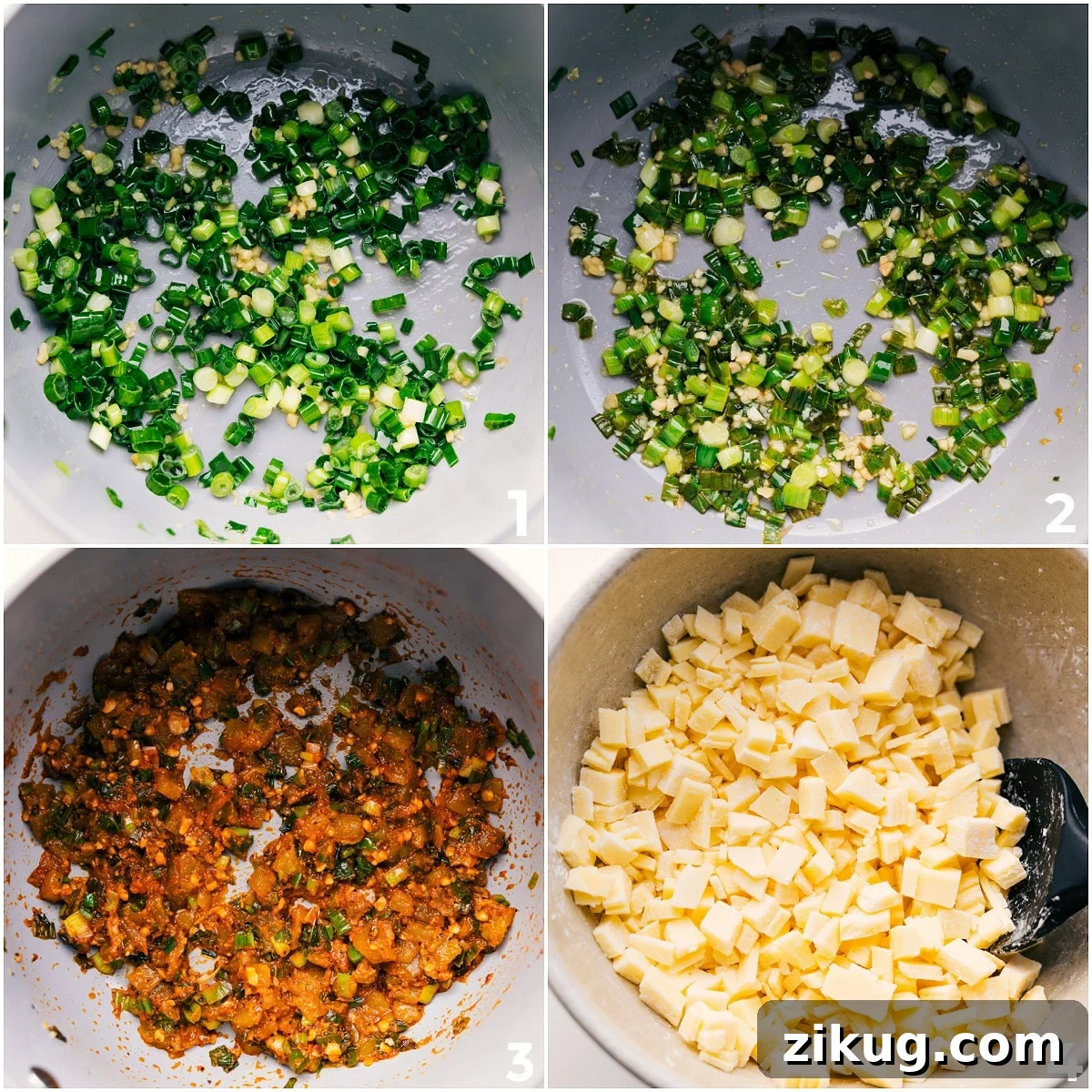 How To Make This Queso Recipe Onions and garlic sautéing in a pan, then seasonings and cheese added to make this queso recipe.
