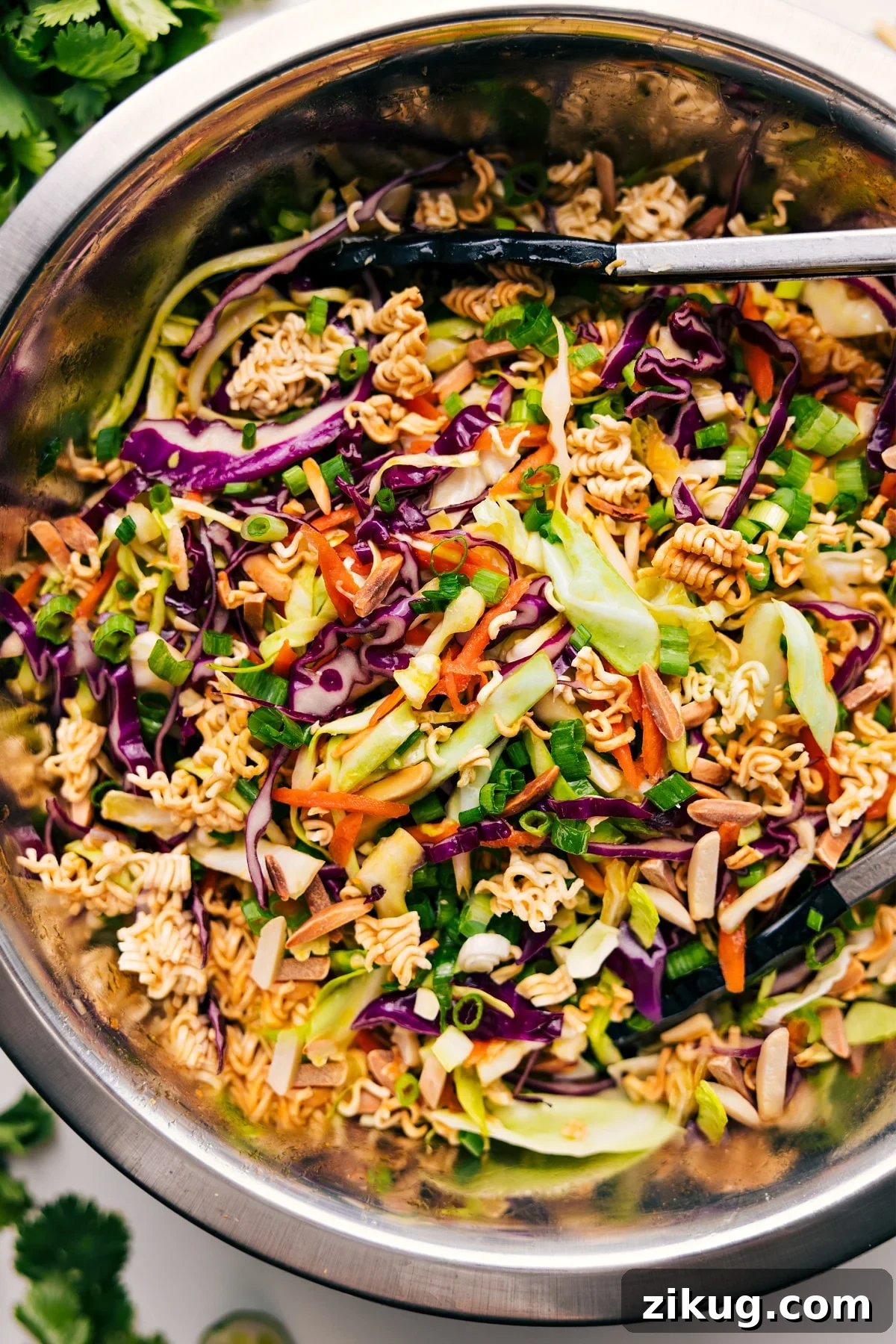 Fresh And Flavorful Ramen Noodle Salad Recipe Ramen Noodle Salad Recipe in a large bowl tossed together.