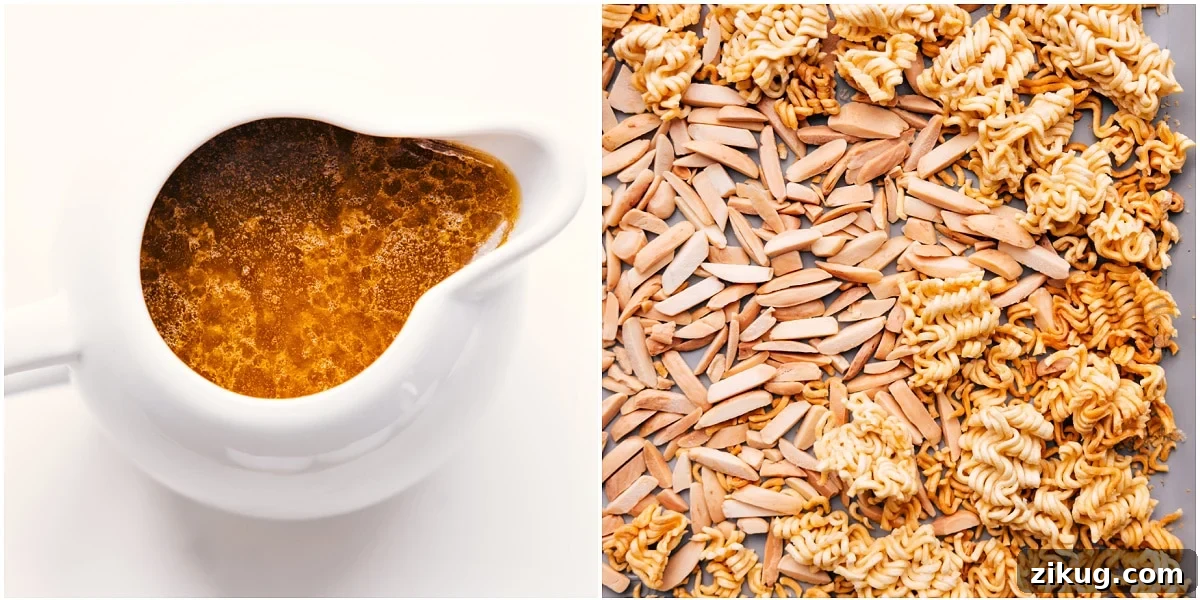 Ramen And Almonds Toasted On A Tray The sauce in a jar and the almonds and ramen and it all being toasted on a tray.