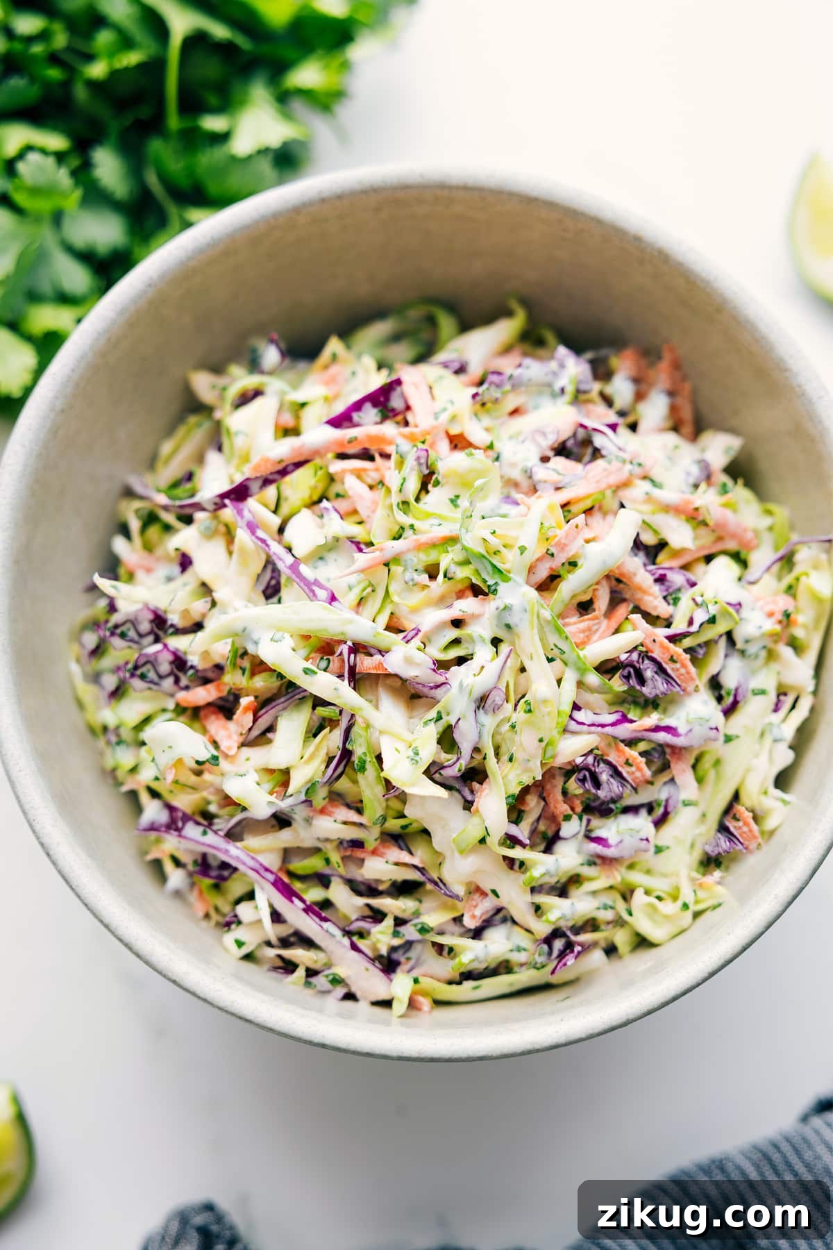 The Perfect Side Dish: Mexican Slaw Recipe Mexican slaw tossed together in a bowl with dressing evenly coating the cabbage.