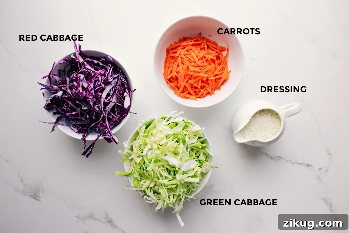 Ingredients In This Mexican Slaw Recipe All the ingredients in this recipe prepped out for easy assembly including the red cabbage, green cabbage, dressing, and carrots.