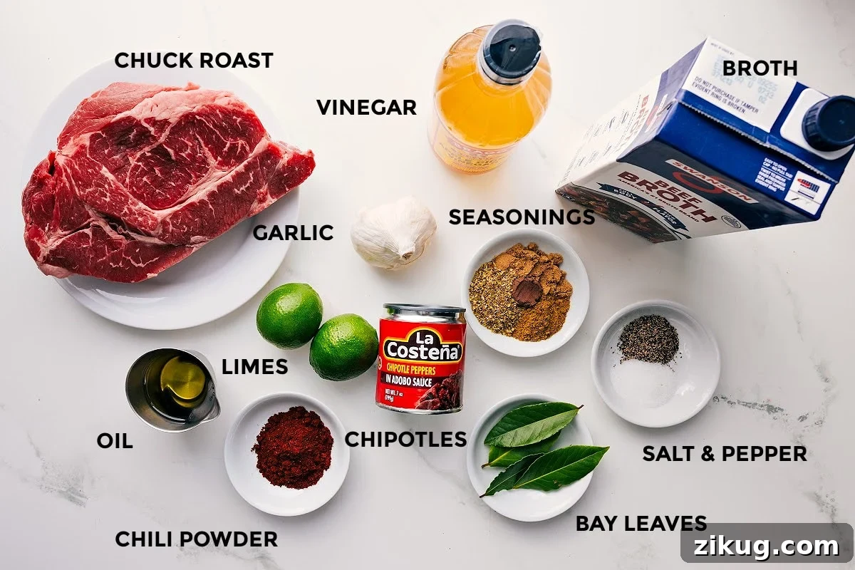Ingredients In Barbacoa Beef Recipe All the ingredients in this recipe prepped out for easy assembly including the chuck roast, oil, seasonings, limes, chipotles, bay leaves, broth, and vinegar.