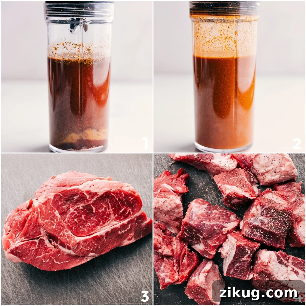 How To Prep And Make This Barbacoa Beef Recipe Sauce for this Barbacoa Beef Recipe being blended, then beef being chopped and seasoned.