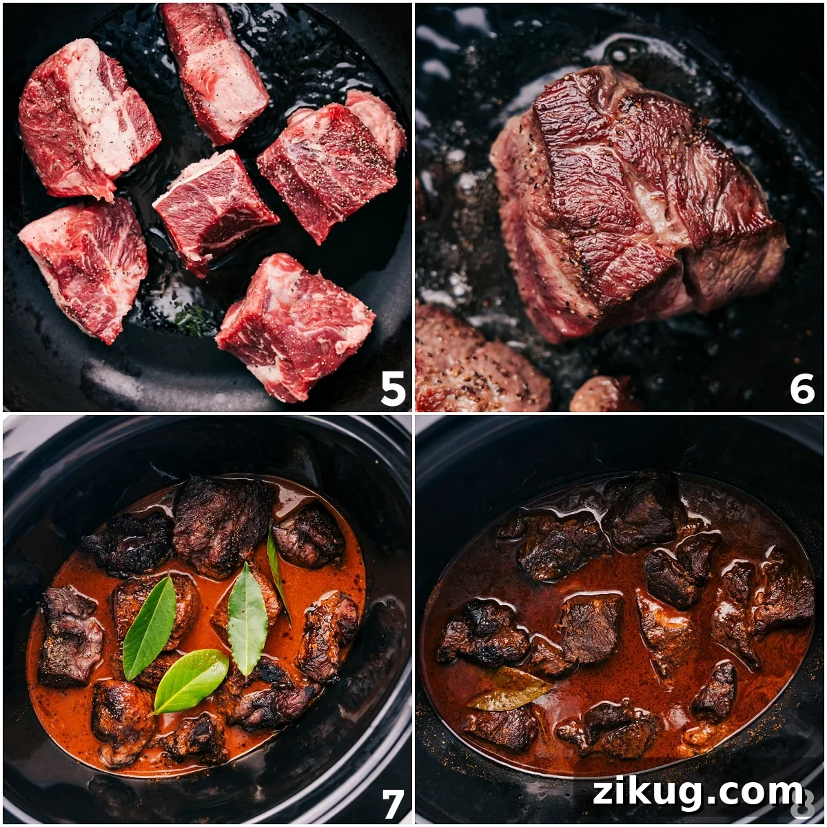 Slow Cooking The Barbacoa Beef Searing the beef and then adding it to the crockpot with the sauce and bay leaves.