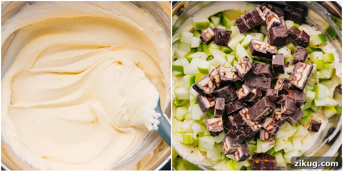 How To Make The Best Snickers Salad Recipe Jello cream layer being whipped together in a bowl before adding remaining ingredients