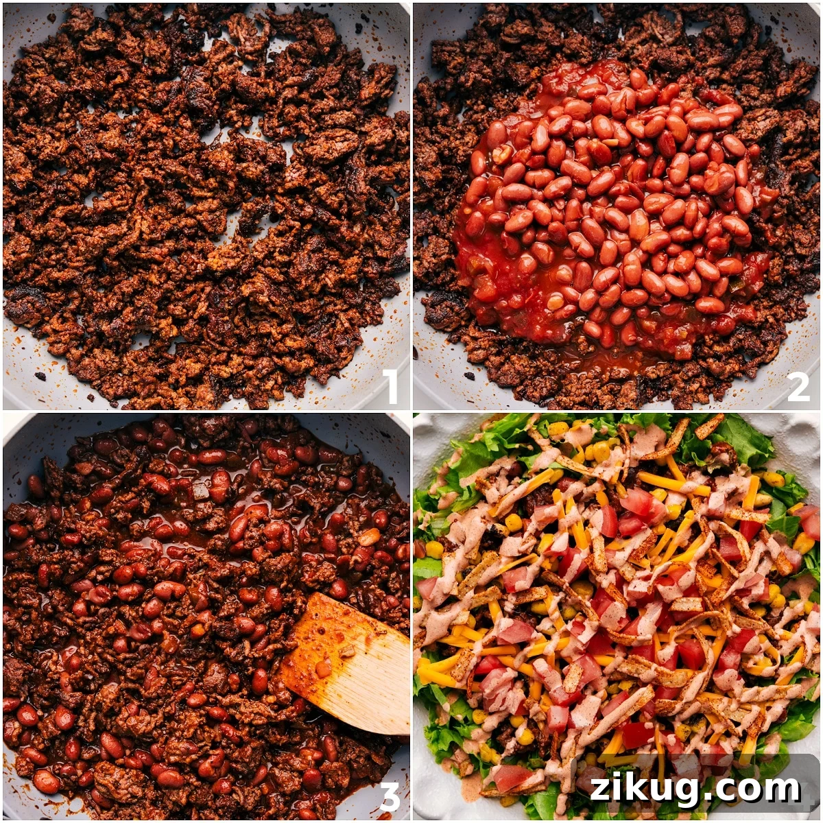 How To Make This Taco Salad Recipe The beef browning in a pan, then beans and salsa added, with the beef topping the salad.