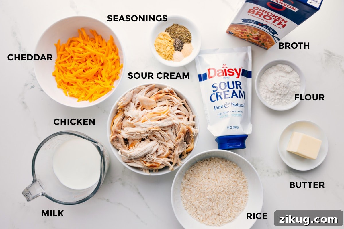 Ingredients In Hawaiian Haystacks Recipe All the ingredients in this recipe prepped out for easy assembly including the milk, cheddar, chicken, seasonings, sour cream, rice, butter, flour, and broth.