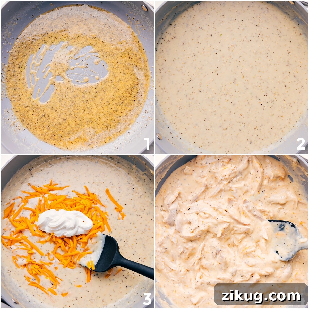 How To Make The Creamy Sauce For These Hawaiian Haystacks Recipe Creamy, cheesy sauce for Hawaiian Haystacks being whisked together with chicken added to the pan.