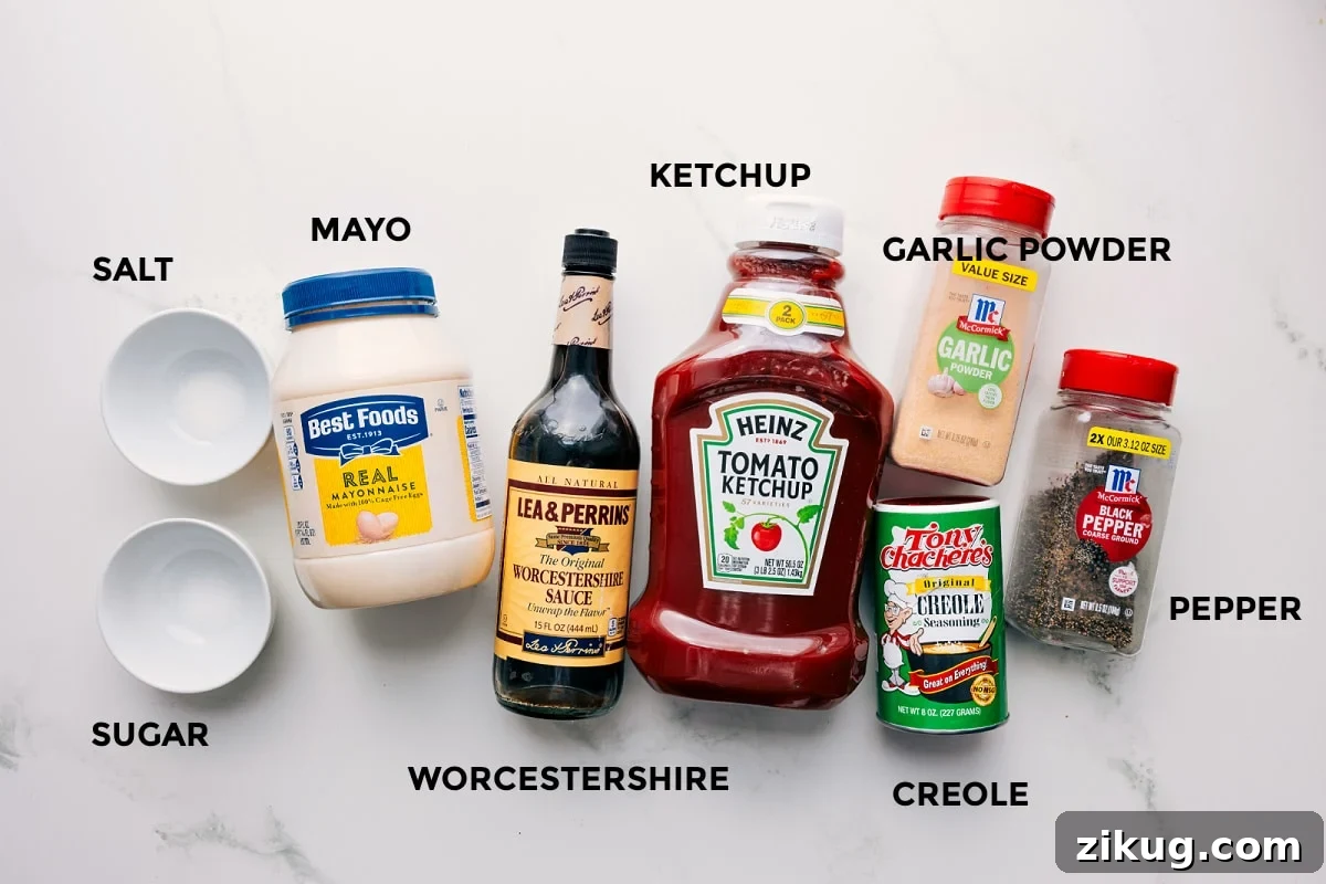 Cane's Sauce Recipe Ingredients All the ingredients in this recipe prepped out for easy assembly including the salt, sugar, mayo, Worcestershire, ketchup, garlic powder, pepper, creole.