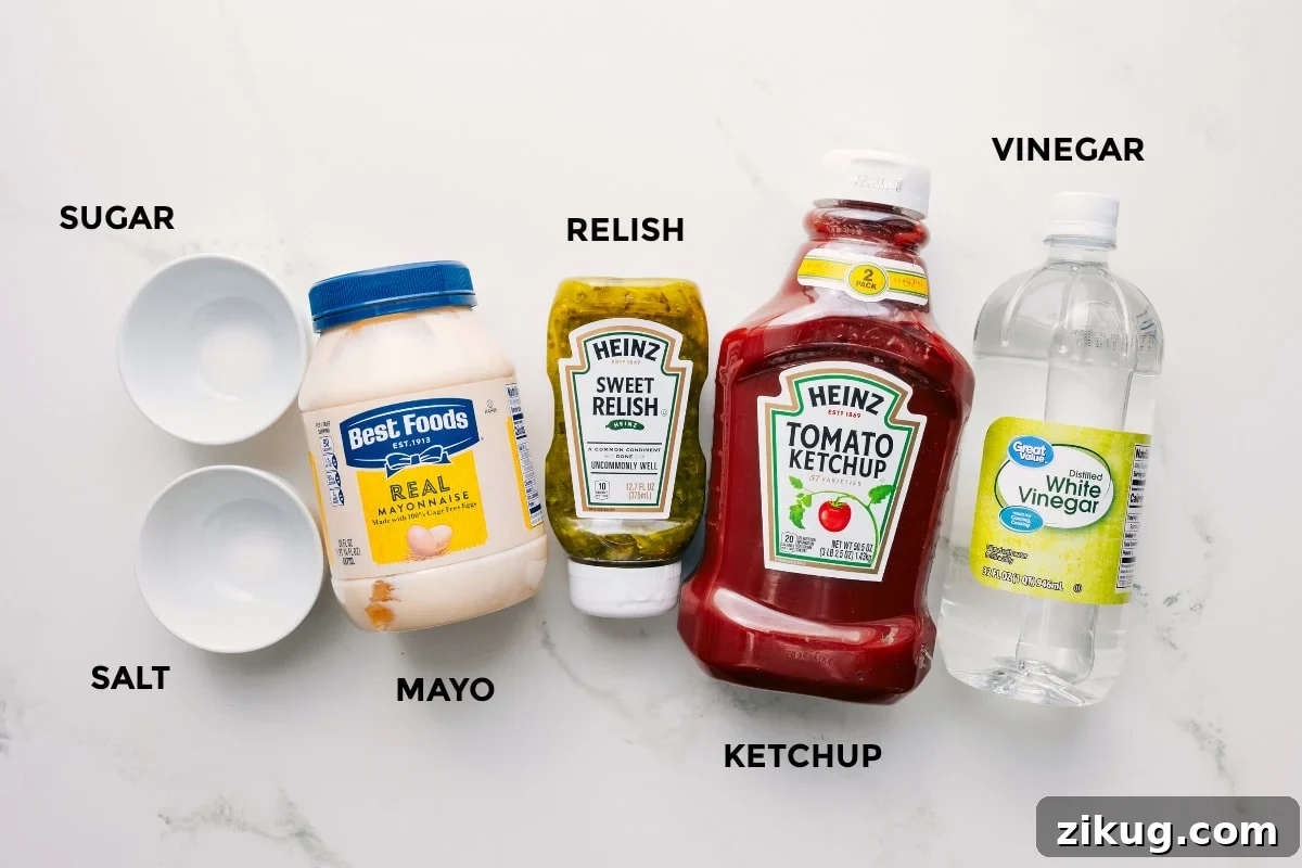 Ingredients In In-N-Out Sauce Recipe All the ingredients in this recipe prepped out for easy assembly including the sugar, salt, mayo, relish, ketchup, and vinegar.