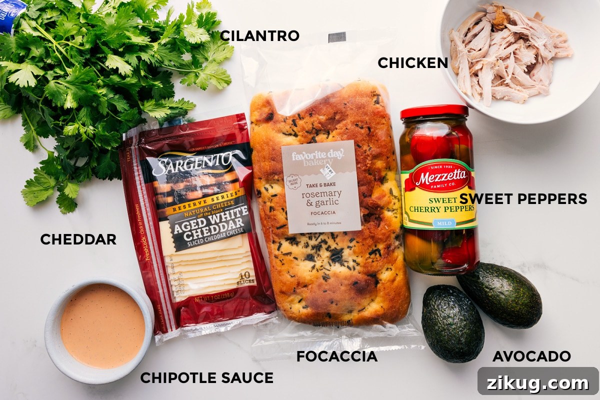 Ingredients In Panera Chipotle Chicken Avocado Melt All the ingredients in this recipe prepped out for easy assembly including the cilantro, cheddar, chipotle sauce, focaccia, avocado, sweet peppers, and chicken.