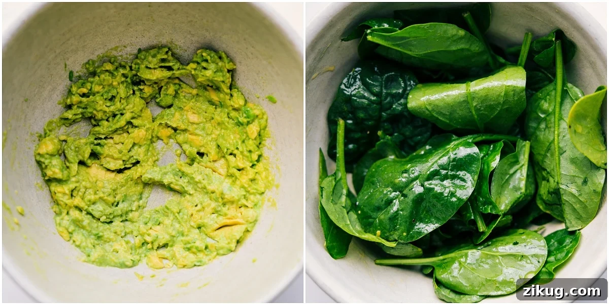 Prepping The Avocado and Spinach To Add To These Veggie Sandwiches The avocado being mashed and spinach being tossed with dressing.
