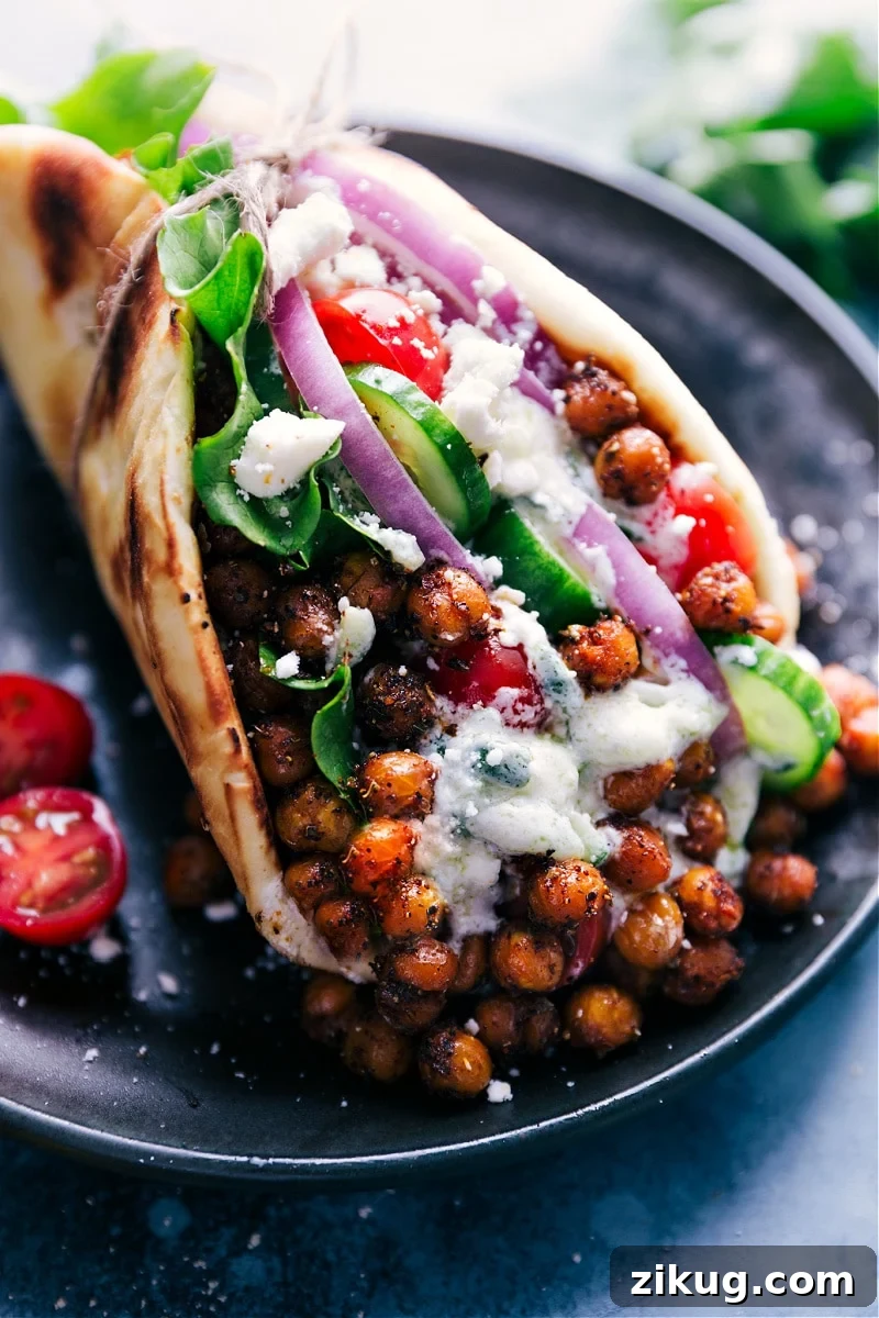 Vegetarian Gyros Recipe Chickpea recipes: vegetarian gyros in a pita with fresh veggies and creamy tzatziki sauce.