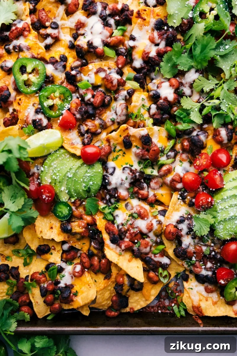 Vegetarian Nachos Recipe Vegetarian nachos fresh out of the oven loaded with melty cheese, beans, and fresh toppings.