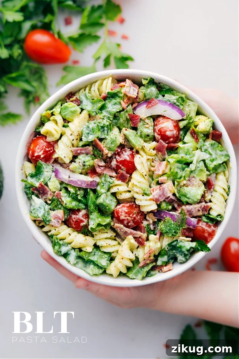 BLT Pasta Salad with crispy bacon, cherry tomatoes, and creamy avocado-ranch dressing Overhead image of BLT Pasta Salad