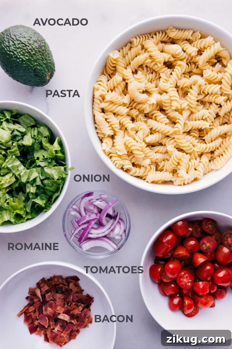 Ingredients for BLT Pasta Salad Ingredient shot-- image of all the ingredients used in this dish
