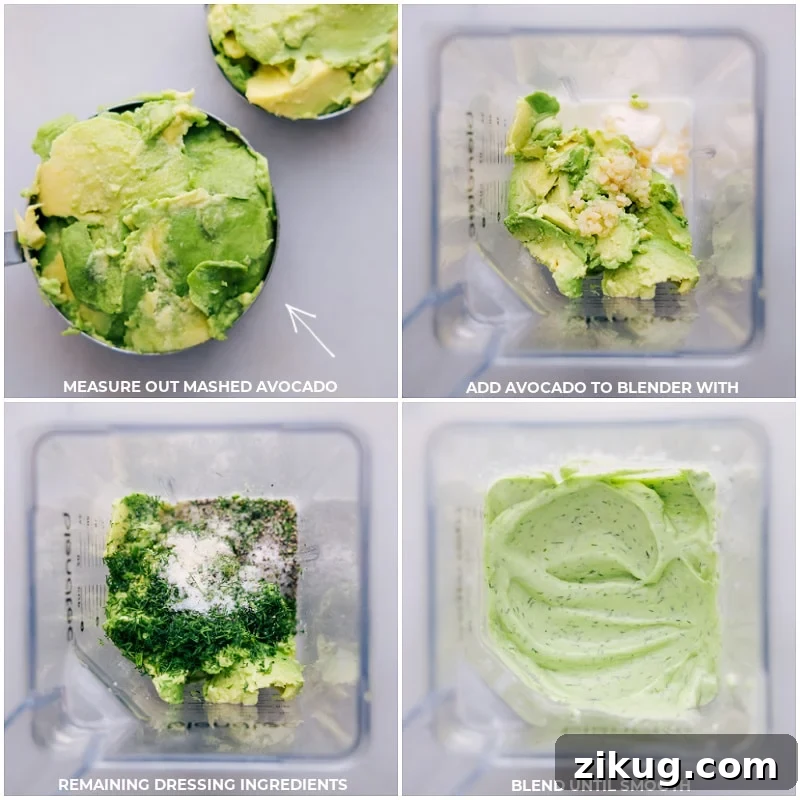 Making the avocado-ranch dressing Process shots of BLT Pasta Salad-- images of the avocado being added to the blender with all the other ingredients