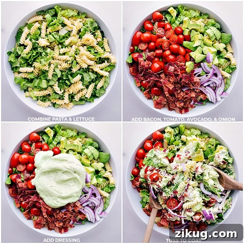 Tossing the BLT Pasta Salad Process shots-- images of the pasta, lettuce, bacon, tomato, avocado, onion, and dressing being added to a bowl and mixed together