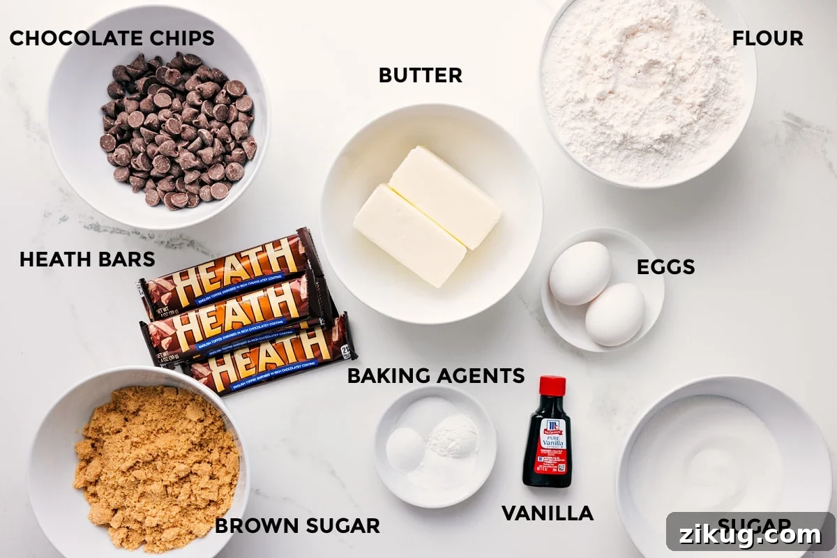 Ingredients In Heath Bar Cookies All the ingredients for this recipe for Macadamia Nut White Chocolate Cookies prepped and ready to assemble, including white chocolate, sugars, butter, eggs, flour, and baking agents.