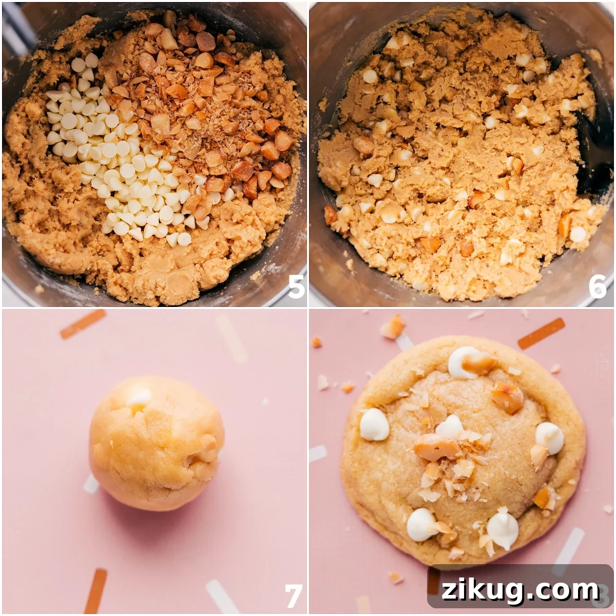 Baking Up This Recipe For Macadamia Nut White Chocolate Chip Cookies Chocolate chips and nuts added to the dough, then rolled into balls and baked