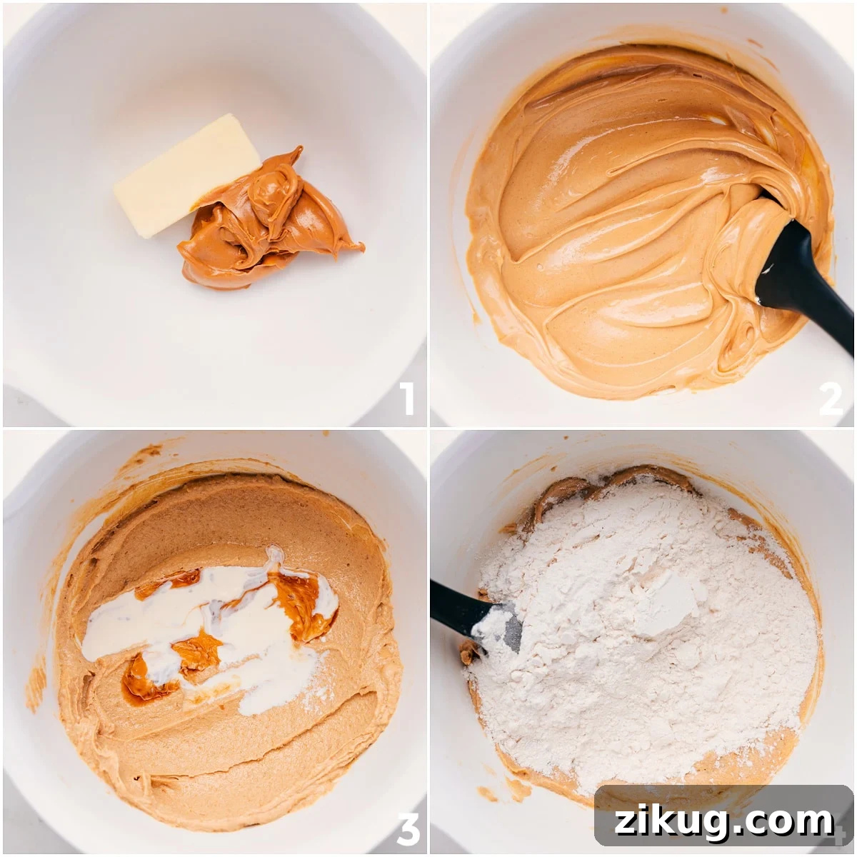 How To Make This Peanut Butter Edible Cookie Dough Peanut butter and butter being beaten together, then sugar, vanilla, salt, and heat-treated flour added for Peanut Butter Edible Cookie Dough.