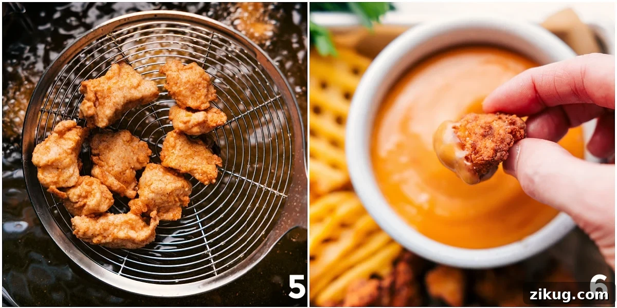 Chick-Fil-A Nuggets Dipped In Sauce The recipe fresh out of the fryer and being dipped in the sauce.