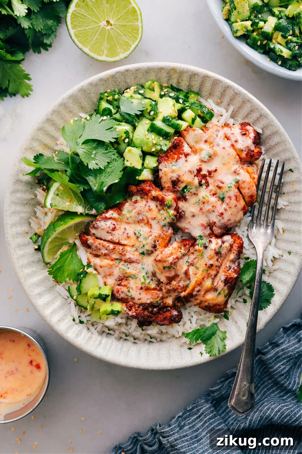 Bang Bang Chicken Wraps Asian Chicken Recipes: Bang Bang chicken served over rice with a cucumber salad on the side.