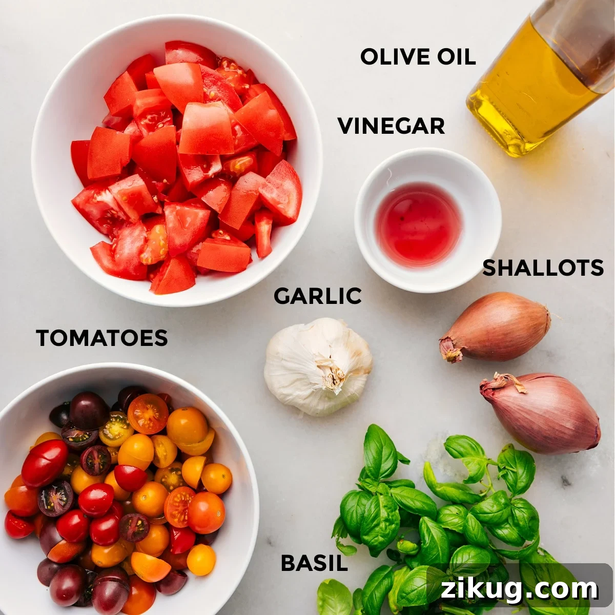 Ingredients In Tomato Salad Recipe Ingredients in this recipe prepped out for easy assembly.