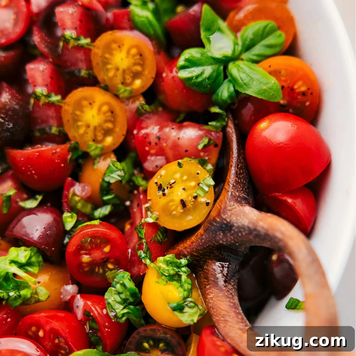 Serving Up The Best Fresh Tomato Salad The fresh cherry tomato salad all tossed together and ready to be served.