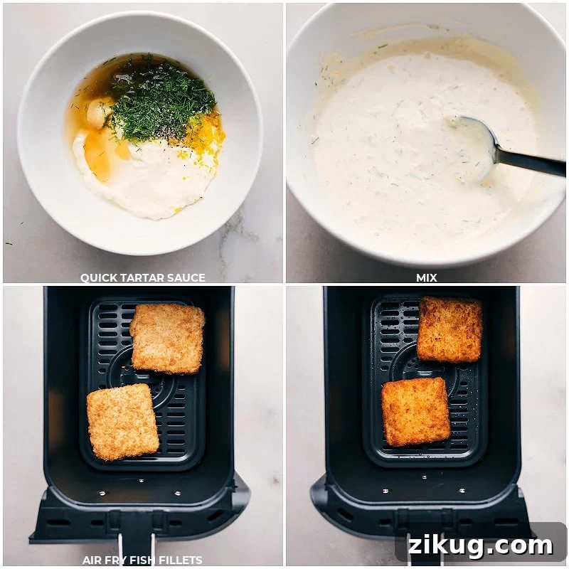 Crispy Fish Sandwich Recipe with Tangy Tartar Sauce 4 Process shots: Combine tartar sauce ingredients and mix; fry fish fillets in the air fryer.