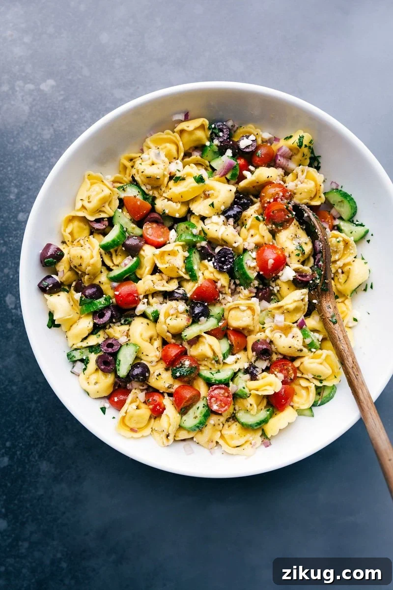 Greek Tortellini Salad Greek tortellini salad with a spoon in the bowl, ready to be served with fresh vegetables and delicious dressing.