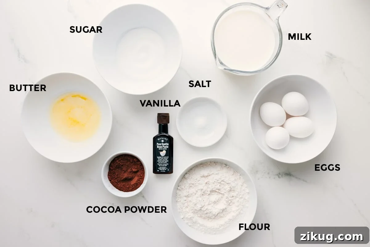Ingredients To Make Chocolate Crepes All the ingredients for this recipe prepped and ready for easy assembly, including butter, sugar, cocoa powder, vanilla, salt, flour, eggs, and milk.