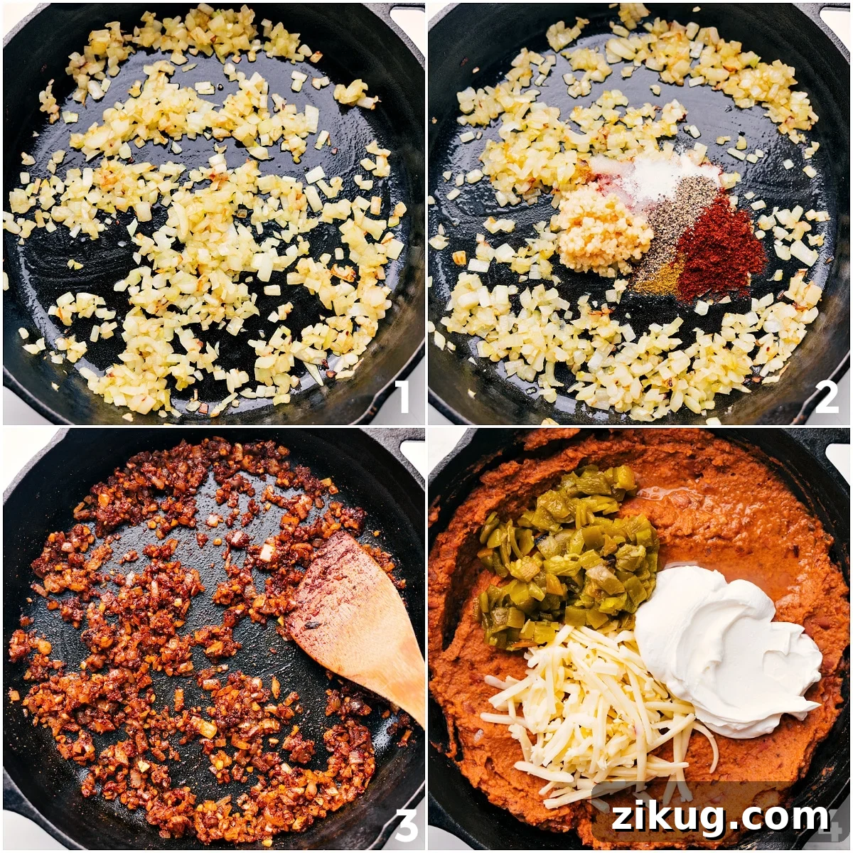 How To Make This Refried Bean Dip Vegetables sautéing in a skillet with seasonings, while the remaining ingredients for this Refried Bean Dip are added in.