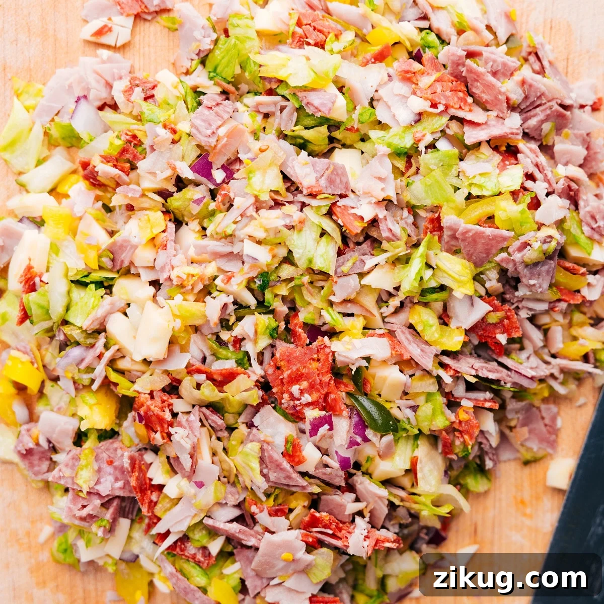 Chopped Italian Sandwich Filling Ready To Add In All the ingredients chopped super finely for this recipe.