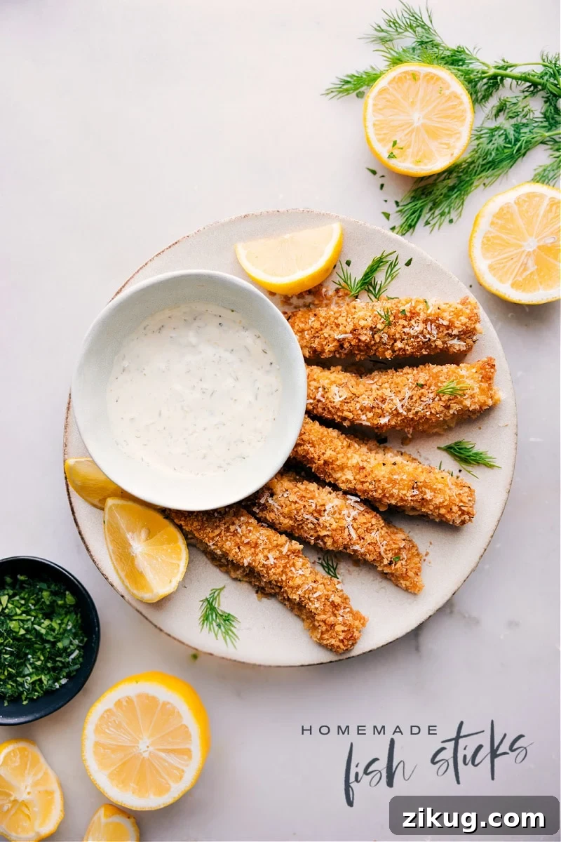 Homemade Fish Sticks with fresh cod and panko Overhead image of the homemade fish sticks