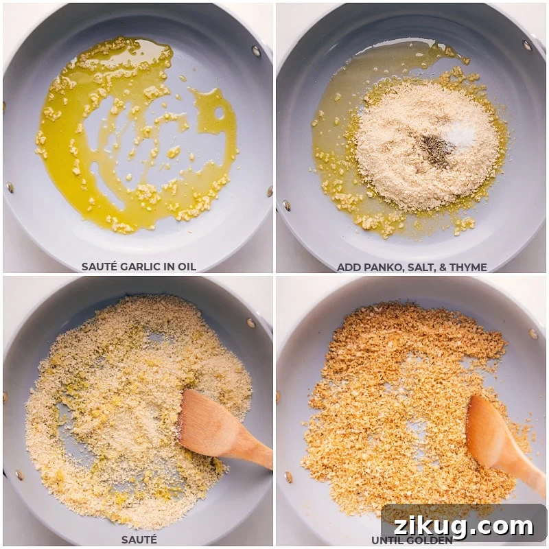 Crispy Oven-Baked Fish Sticks with Lemon Herb Dip 3 Process shots-- images of the garlic being sautéed in oil, then the Panko, salt, and thyme