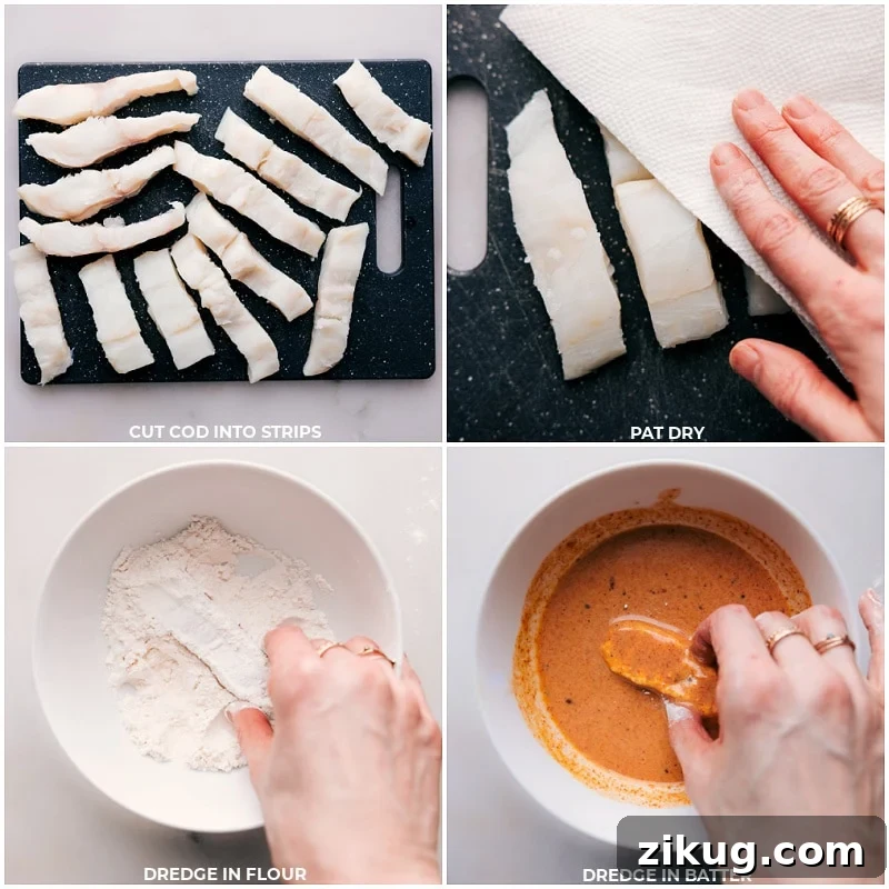 Crispy Oven-Baked Fish Sticks with Lemon Herb Dip 5 Process shots of homemade fish sticks-- images of the cod being cut into strips and then dipped in flour and then dredged in the batter