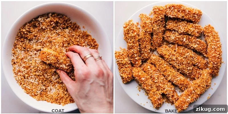 Crispy Oven-Baked Fish Sticks with Lemon Herb Dip 6 Overhead image of the cod being coated in the panko mixture