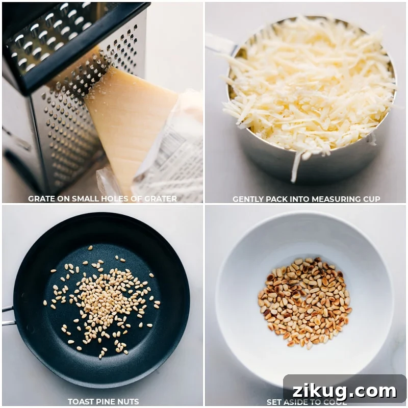 Toasting pine nuts and grating cheese. Process shots-- images of the cheese being grated and the pine nuts being toasted