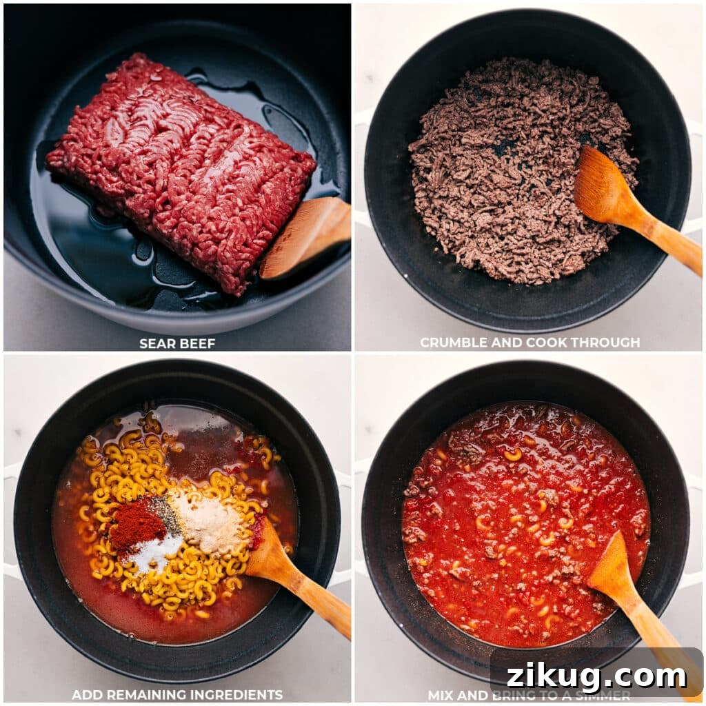 Copycat Hamburger Helper: Creamy One-Pot Ground Beef Skillet 3 Cooking ground beef and combining ingredients in a pot.
